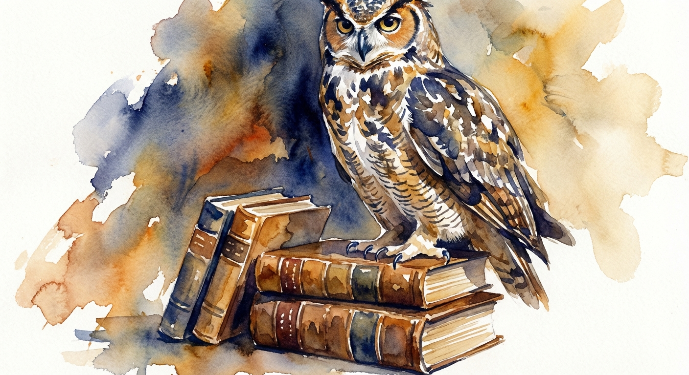 Watercolor owl on books