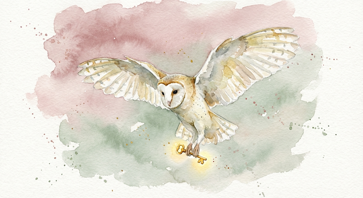 Watercolor owl in flight with key