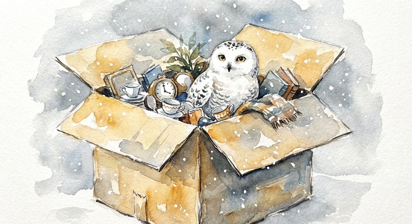 Watercolor owl in moving box