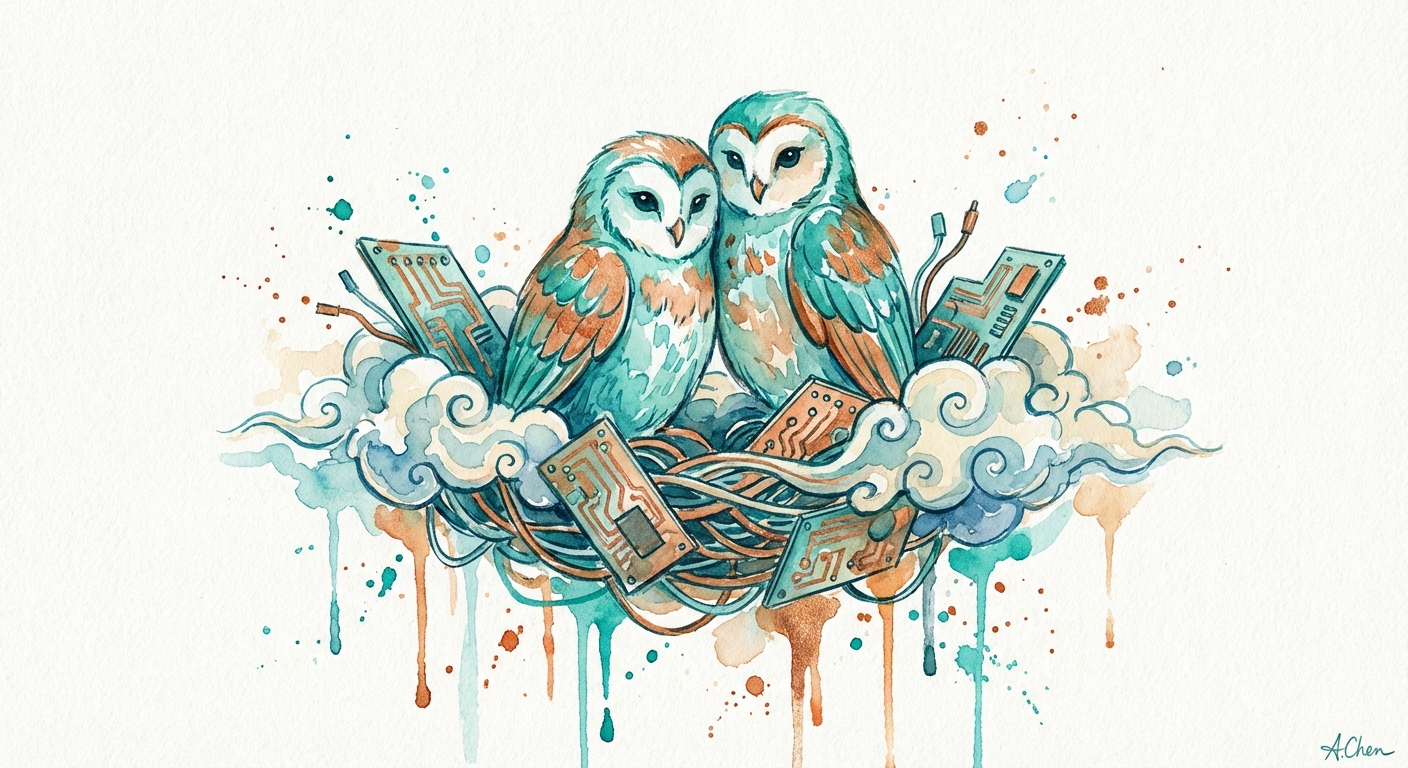 Watercolor owls sharing a nest