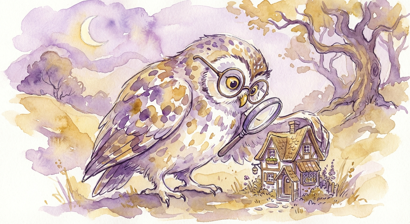 Watercolor owl with magnifying glass