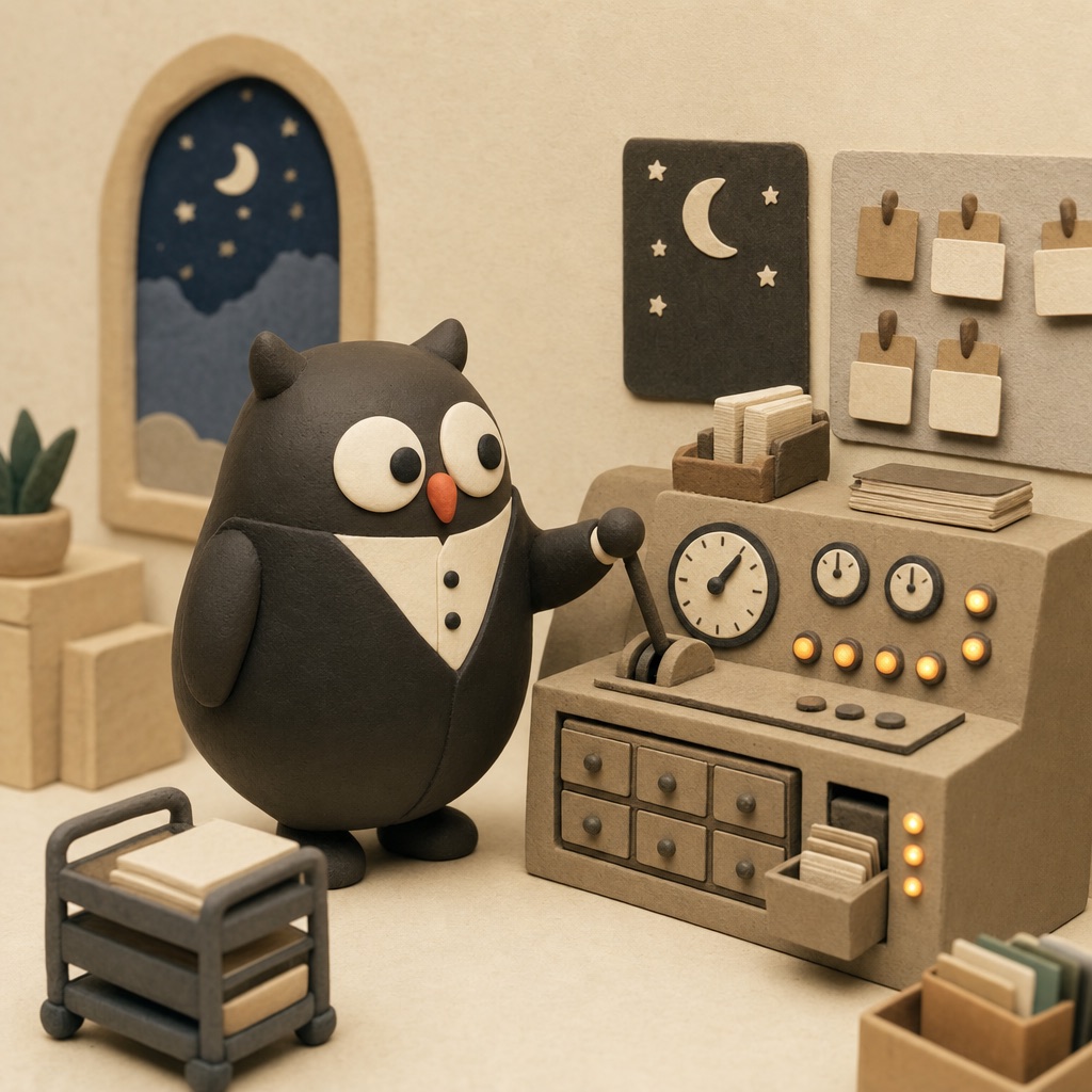 Owl at a control desk pulling levers at midnight