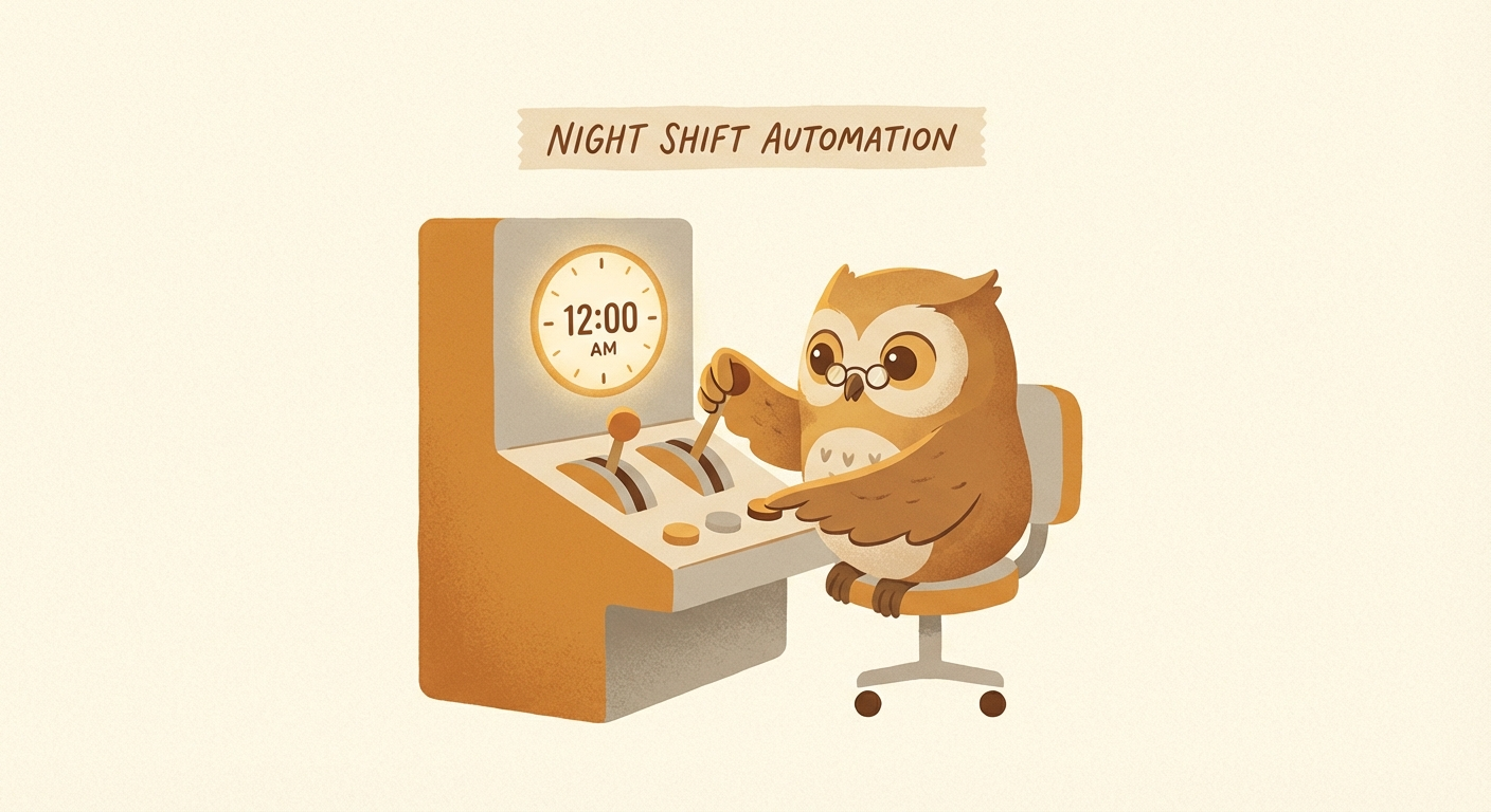 Owl at a control desk pulling levers at midnight