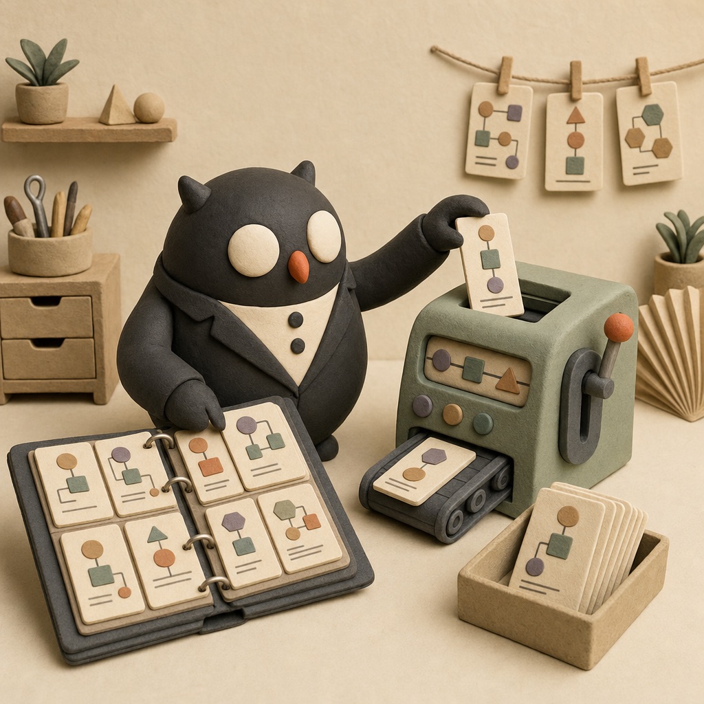 Owl holding a recipe book with modular cards
