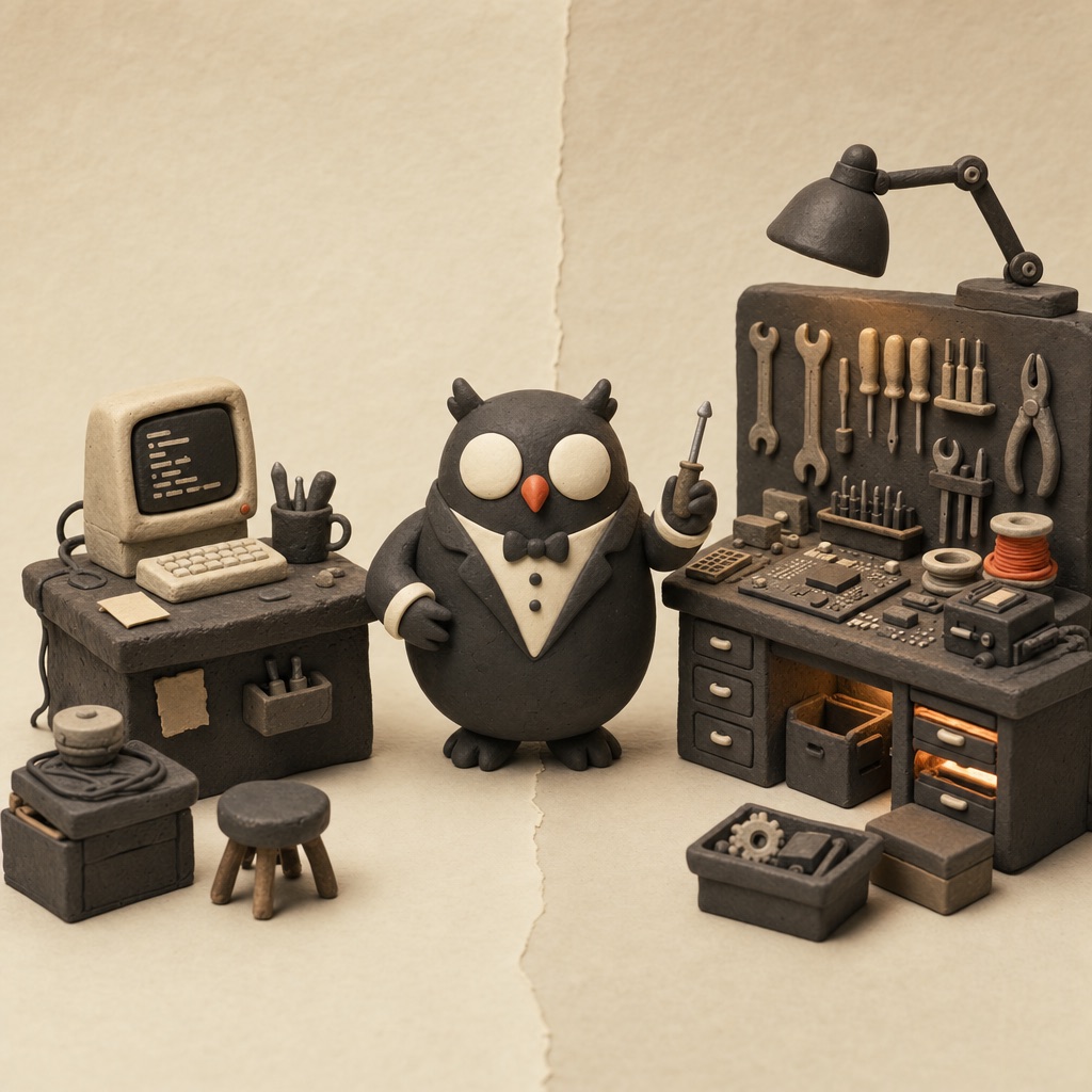 Owl at a workbench with two different toolkits