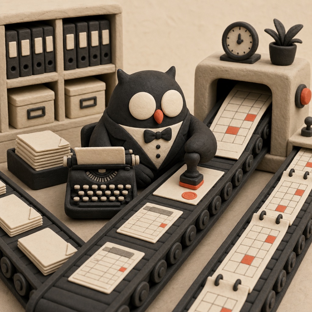 Owl typing on a typewriter with floating documents