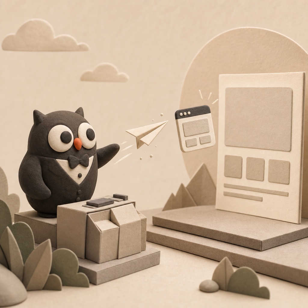 Owl launching a paper airplane that becomes a website