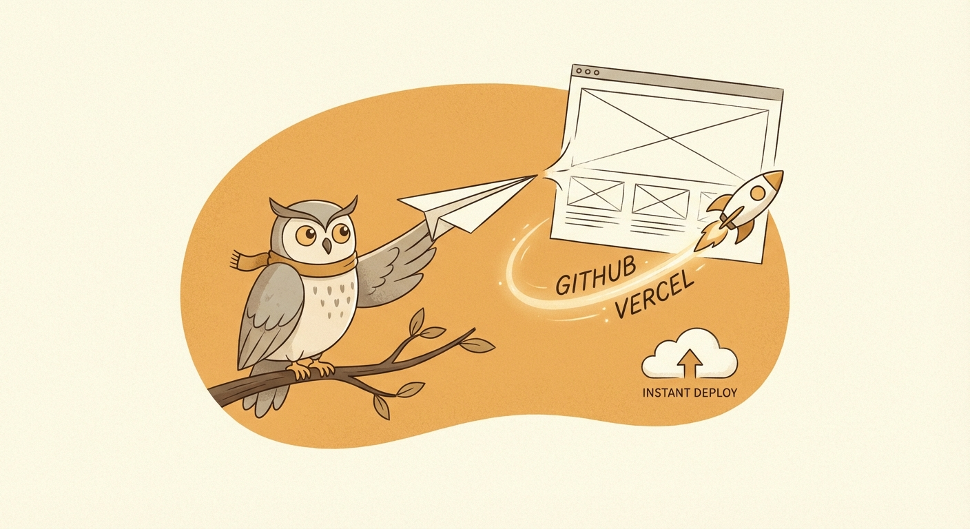 Owl launching a paper airplane that becomes a website