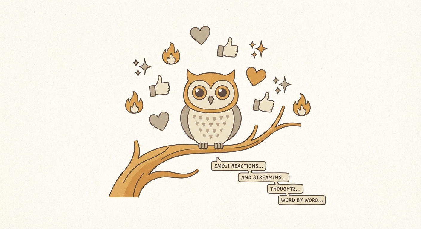 Owl surrounded by floating emoji reactions