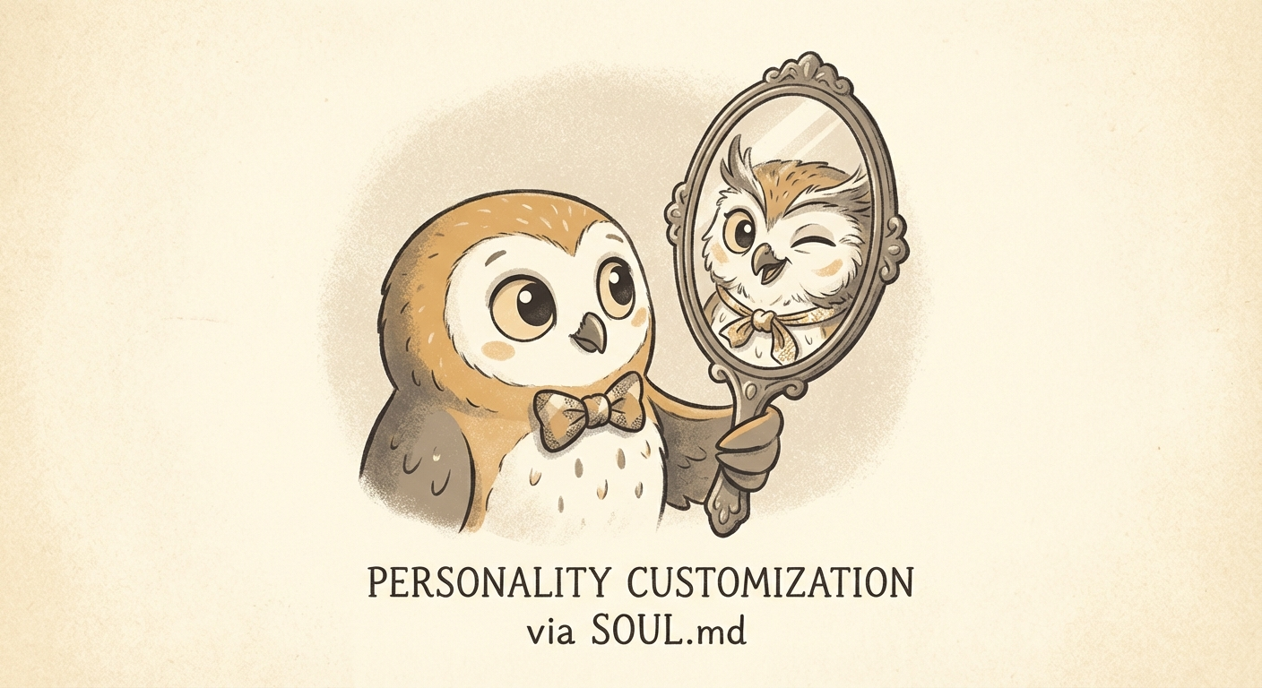 Owl adjusting a bow tie in front of a mirror