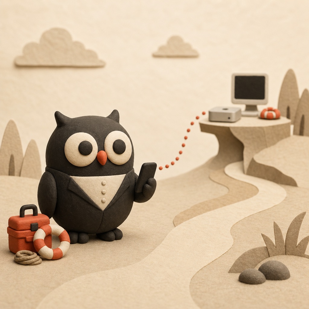 Owl using a tiny phone to control a distant server