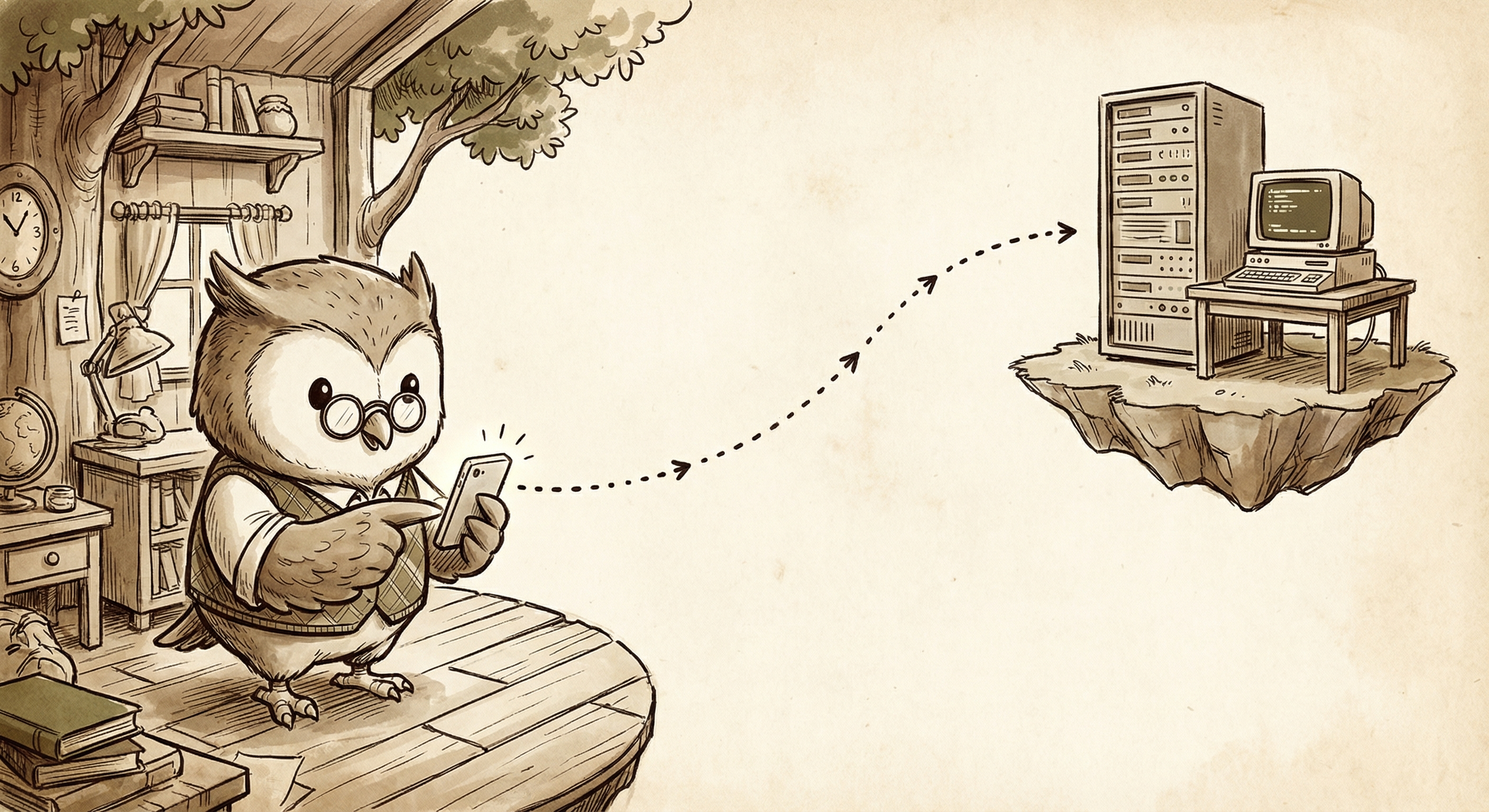 Owl using a tiny phone to control a distant server