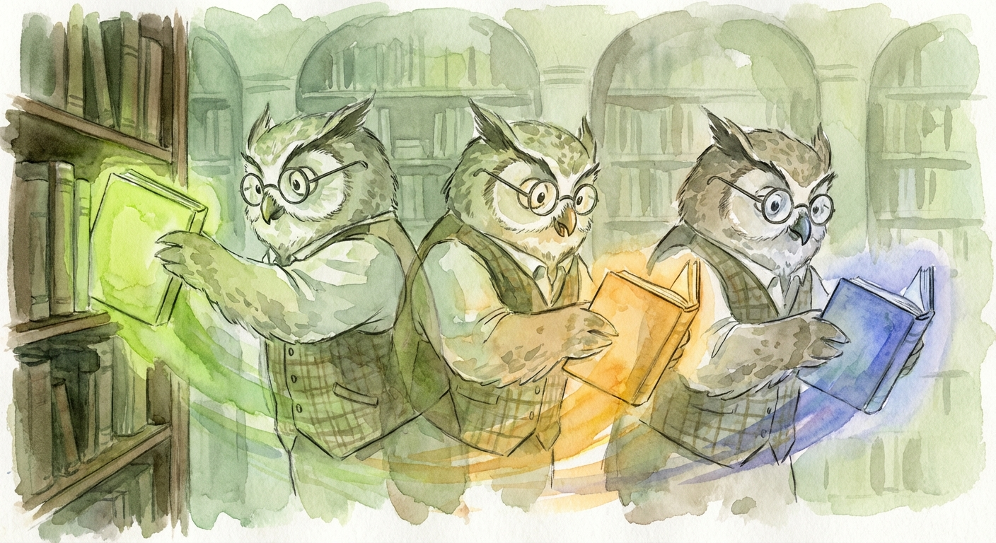 Owl librarian pulling books