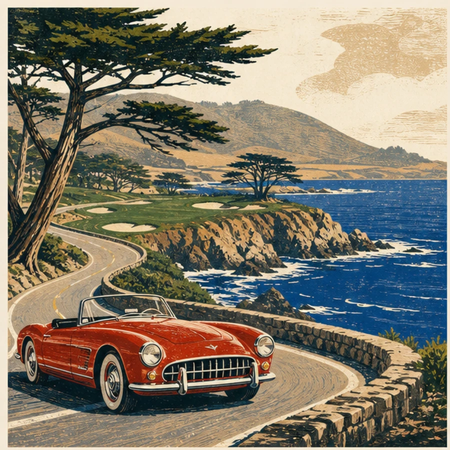Illustrated postcard of Pebble Beach and 17-Mile Drive